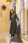 Ethnic Printed A-Line Kurta With Pant & Coordinated Dupatta, Bottle-Green - Hiral Fashion | Grocsy