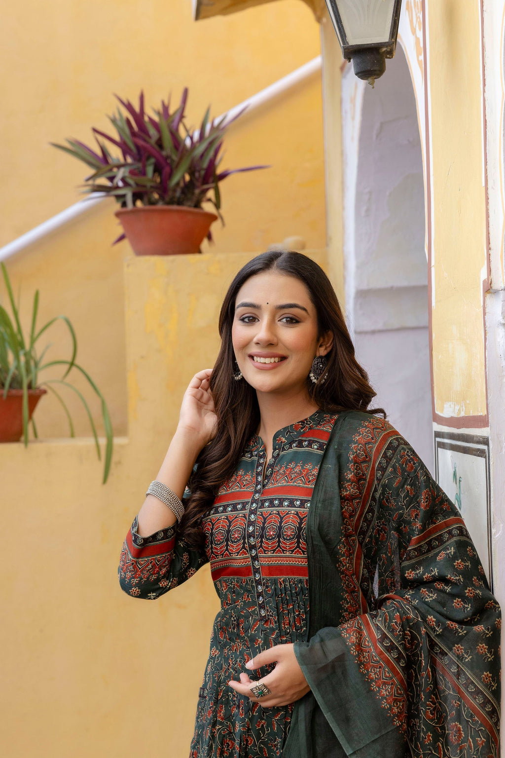 Ethnic Printed A-Line Kurta With Pant & Coordinated Dupatta, Bottle-Green - Hiral Fashion | Grocsy