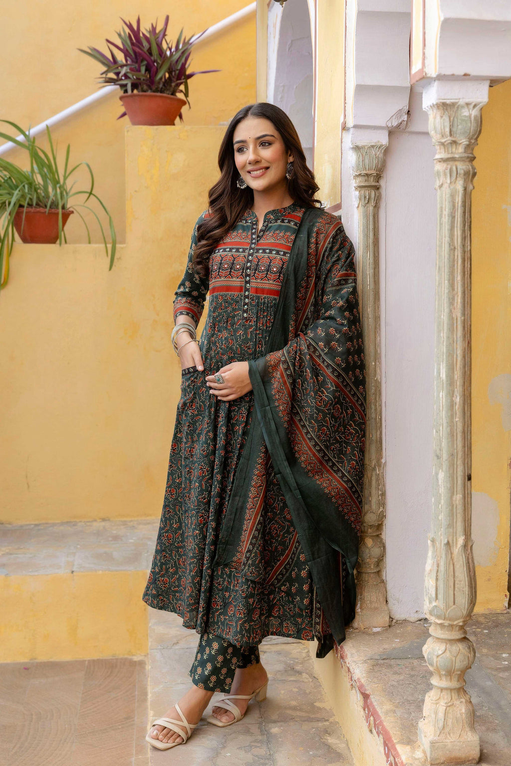 Ethnic Printed A-Line Kurta With Pant & Coordinated Dupatta, Bottle-Green - Hiral Fashion | Grocsy