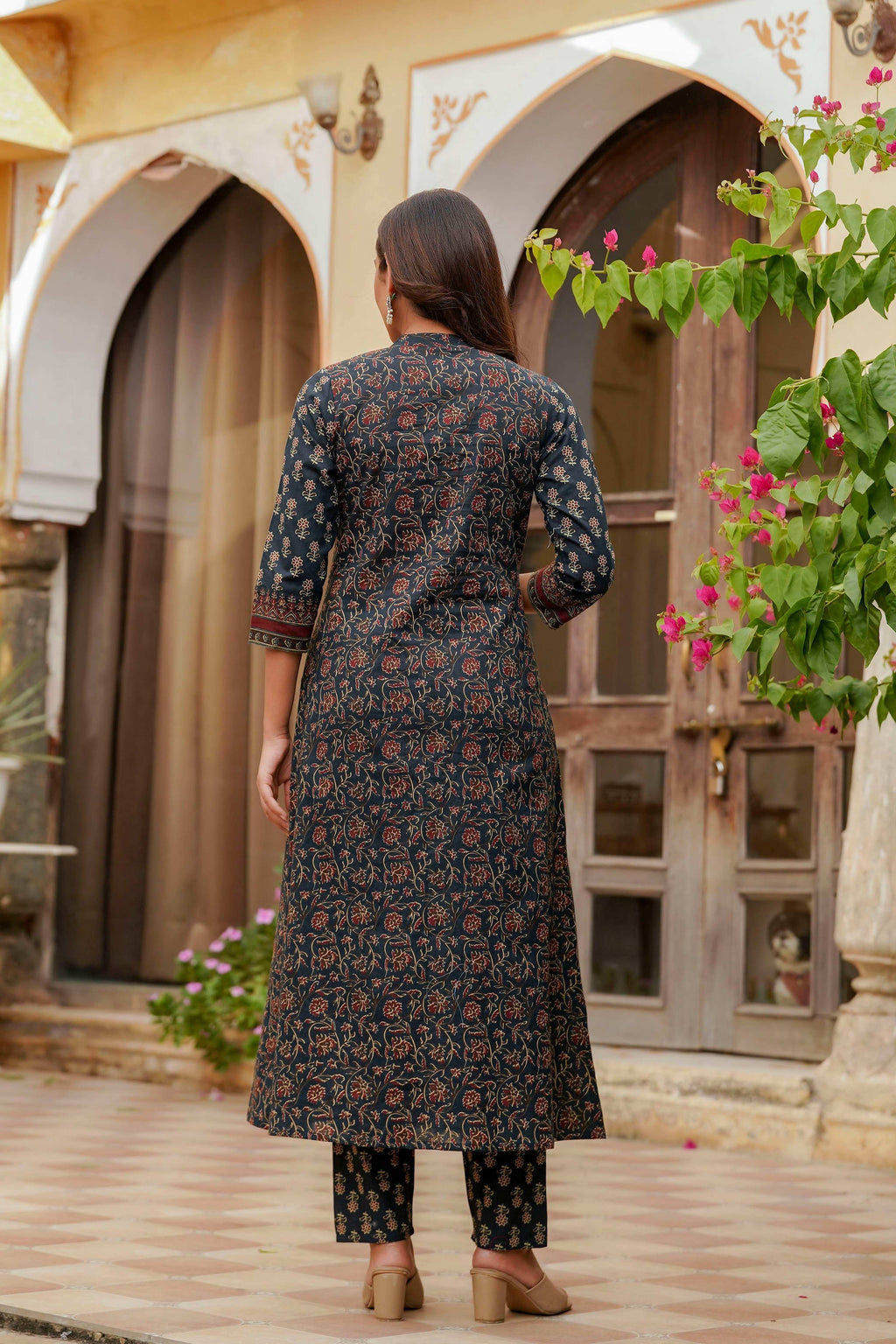 Ethnic Printed A-Line Kurta With Pant & Coordinated Dupatta, Navy Blue - Hiral Fashion | Grocsy