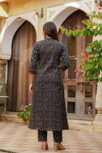 Ethnic Printed A-Line Kurta With Pant & Coordinated Dupatta, Navy Blue - Hiral Fashion | Grocsy