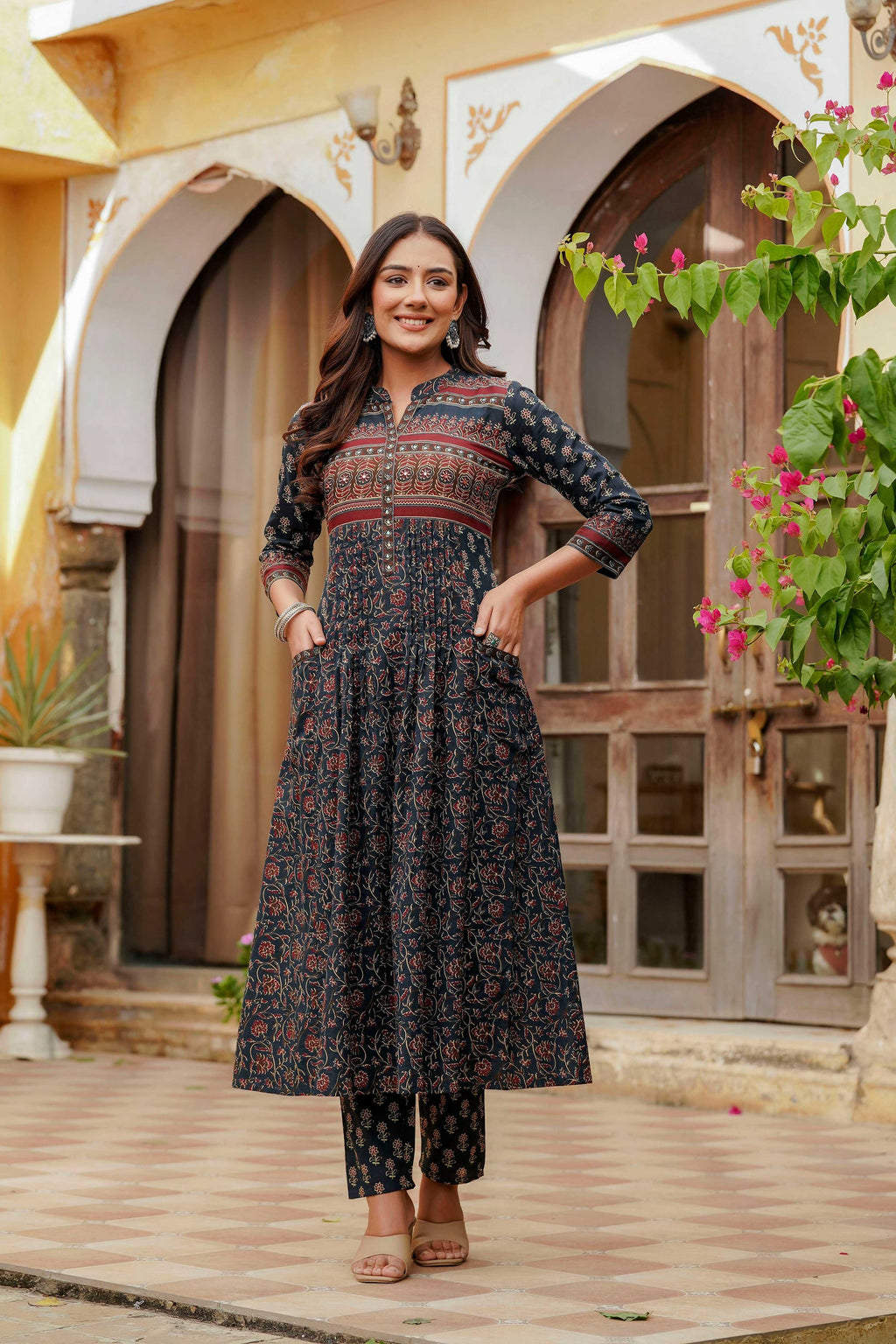 Ethnic Printed A-Line Kurta With Pant & Coordinated Dupatta, Navy Blue - Hiral Fashion | Grocsy