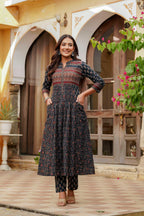 Ethnic Printed A-Line Kurta With Pant & Coordinated Dupatta, Navy Blue - Hiral Fashion | Grocsy