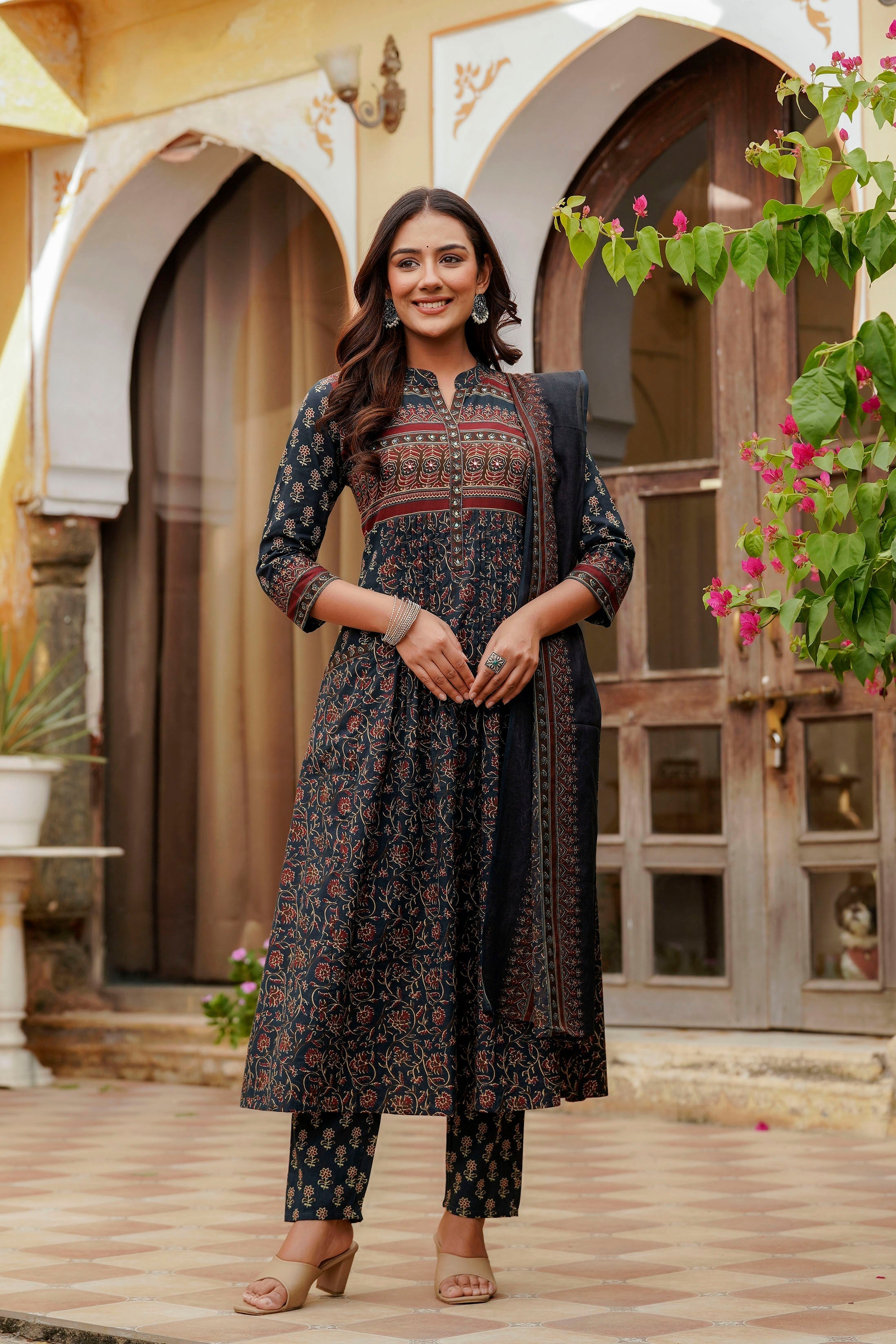 Ethnic Printed A-Line Kurta With Pant & Coordinated Dupatta, Navy Blue - Hiral Fashion | Grocsy