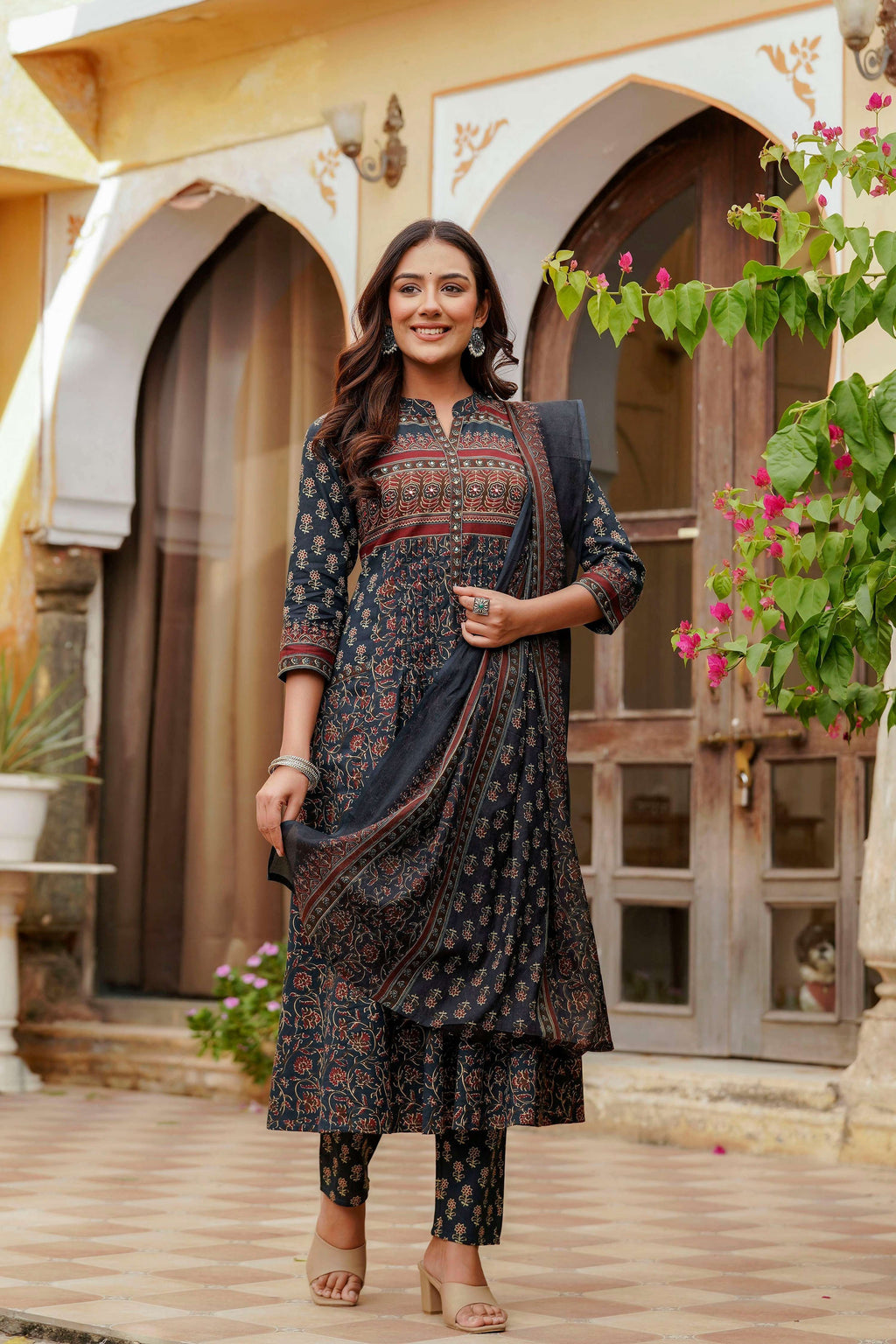 Ethnic Printed A-Line Kurta With Pant & Coordinated Dupatta, Navy Blue - Hiral Fashion | Grocsy