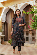 Ethnic Printed A-Line Kurta With Pant & Coordinated Dupatta, Navy Blue - Hiral Fashion | Grocsy