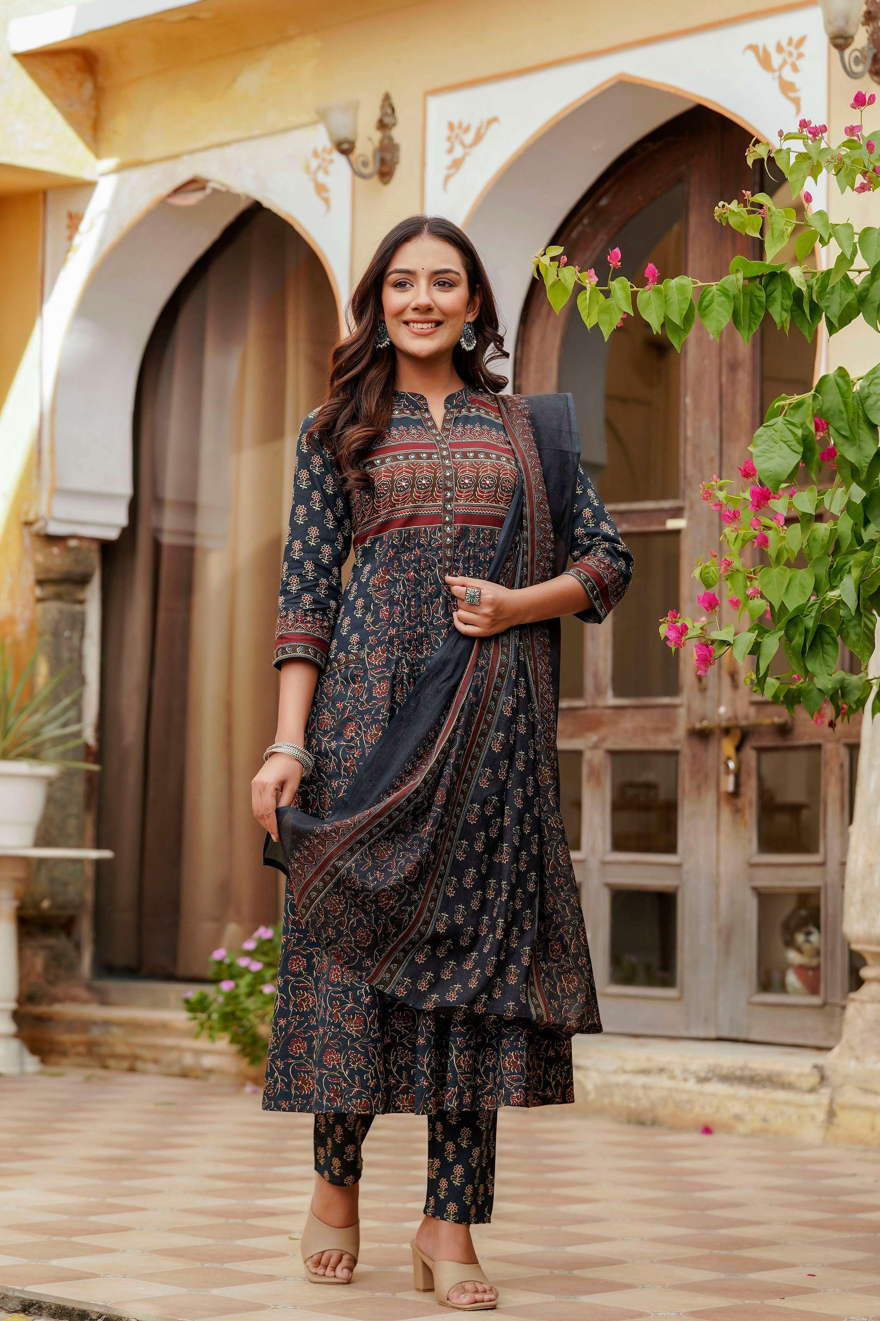Ethnic Printed A-Line Kurta With Pant & Coordinated Dupatta, Navy Blue - Hiral Fashion | Grocsy