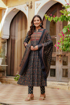 Ethnic Printed A-Line Kurta With Pant & Coordinated Dupatta, Navy Blue - Hiral Fashion | Grocsy