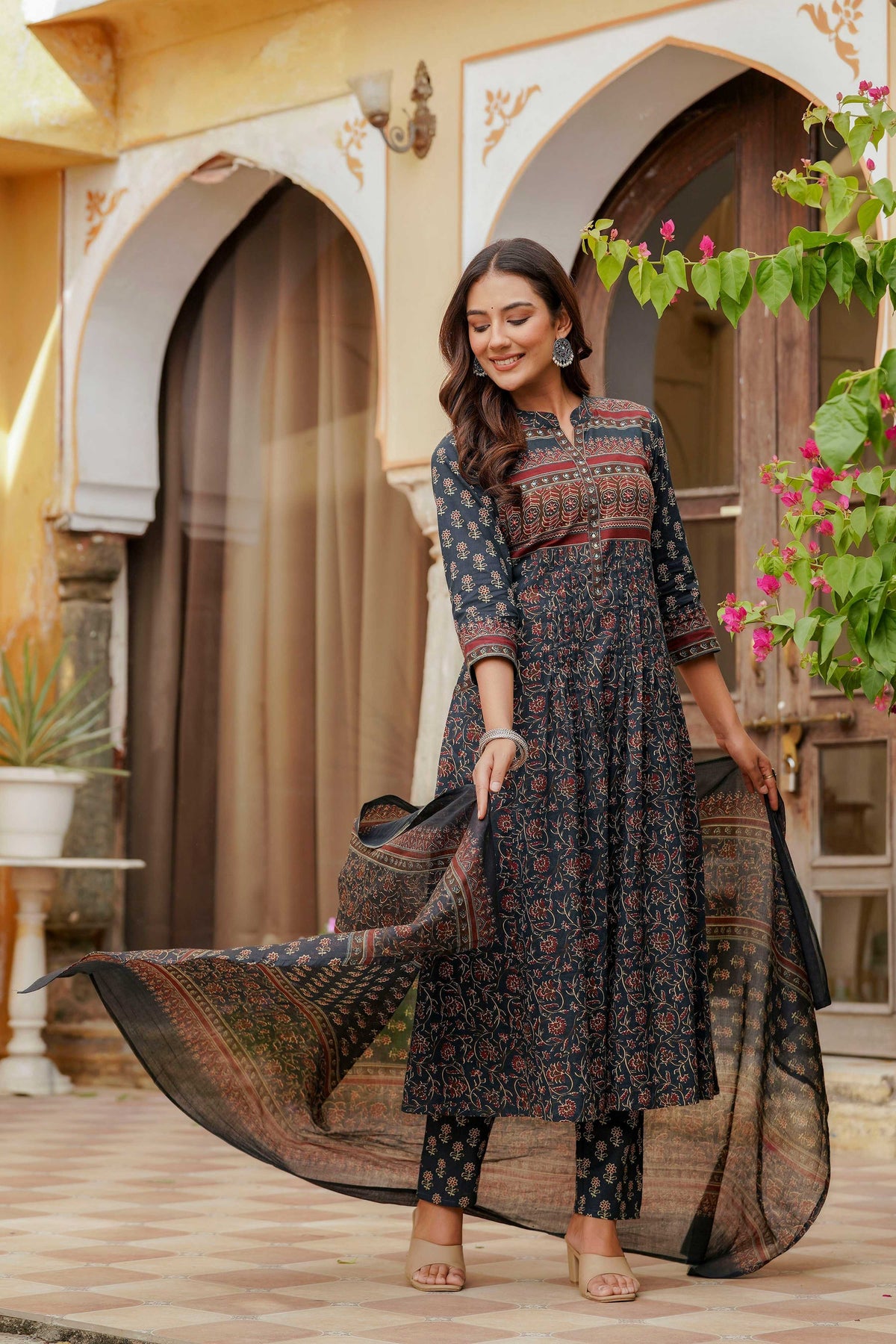 Ethnic Printed A-Line Kurta With Pant & Coordinated Dupatta, Navy Blue - Hiral Fashion | Grocsy
