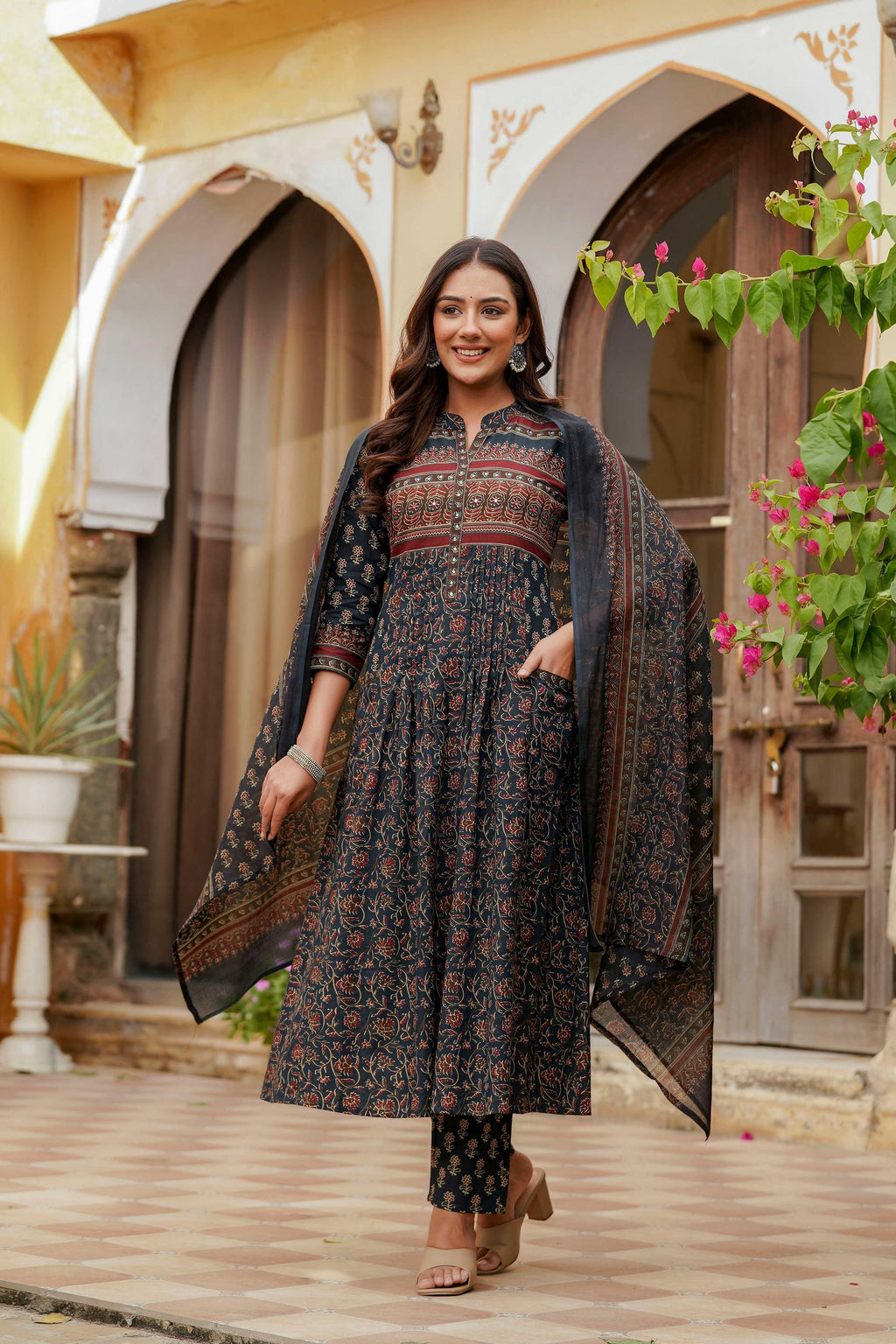 Ethnic Printed A-Line Kurta With Pant & Coordinated Dupatta, Navy Blue - Hiral Fashion | Grocsy