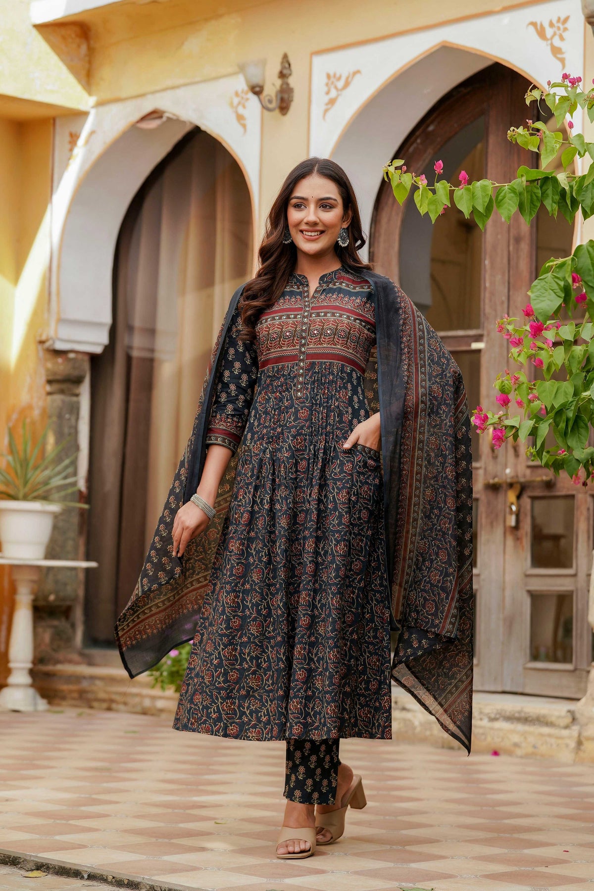 Ethnic Printed A-Line Kurta With Pant & Coordinated Dupatta, Navy Blue - Hiral Fashion | Grocsy