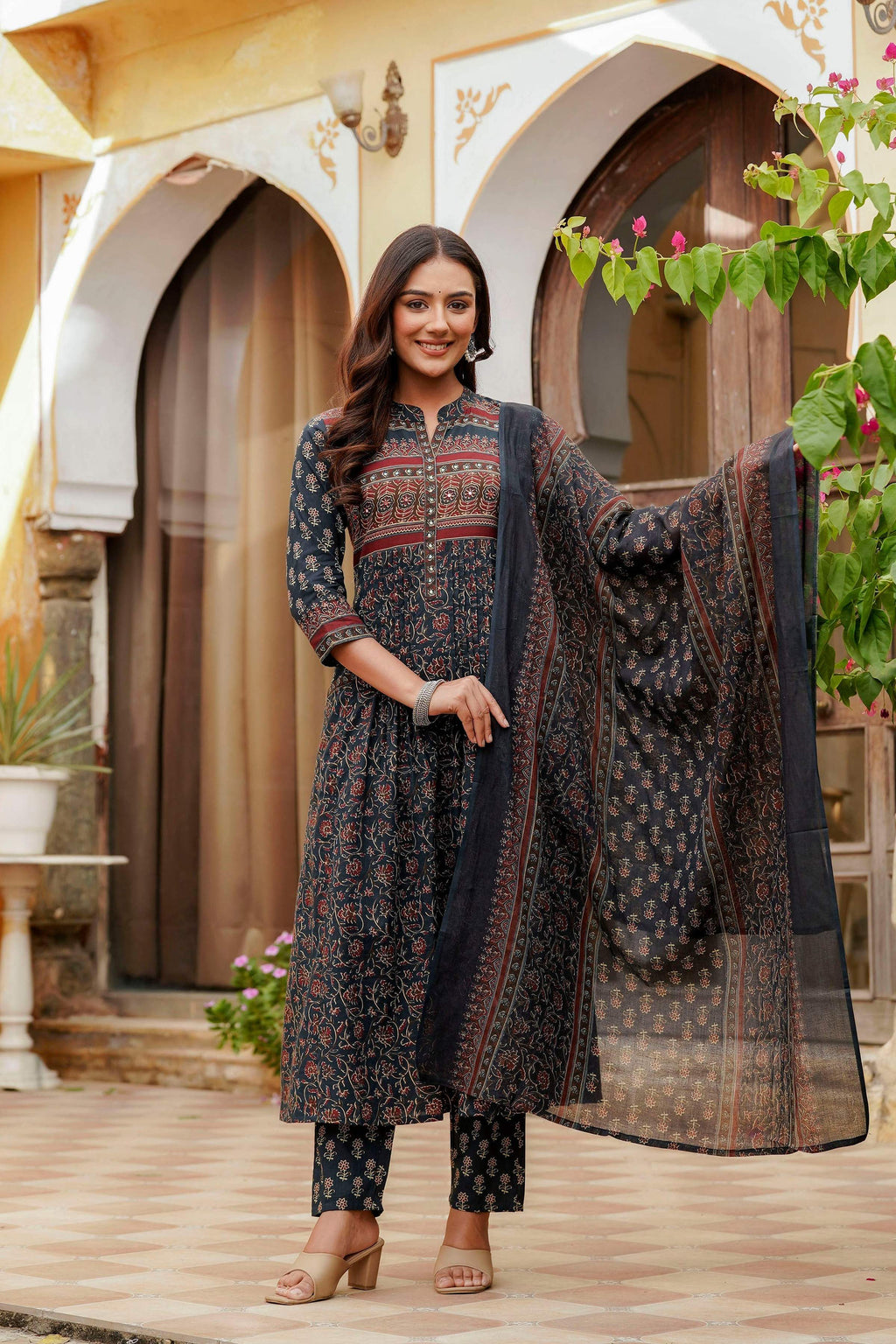 Ethnic Printed A-Line Kurta With Pant & Coordinated Dupatta, Navy Blue - Hiral Fashion | Grocsy