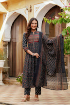 Ethnic Printed A-Line Kurta With Pant & Coordinated Dupatta, Navy Blue - Hiral Fashion | Grocsy