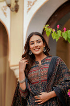 Ethnic Printed A-Line Kurta With Pant & Coordinated Dupatta, Navy Blue - Hiral Fashion | Grocsy