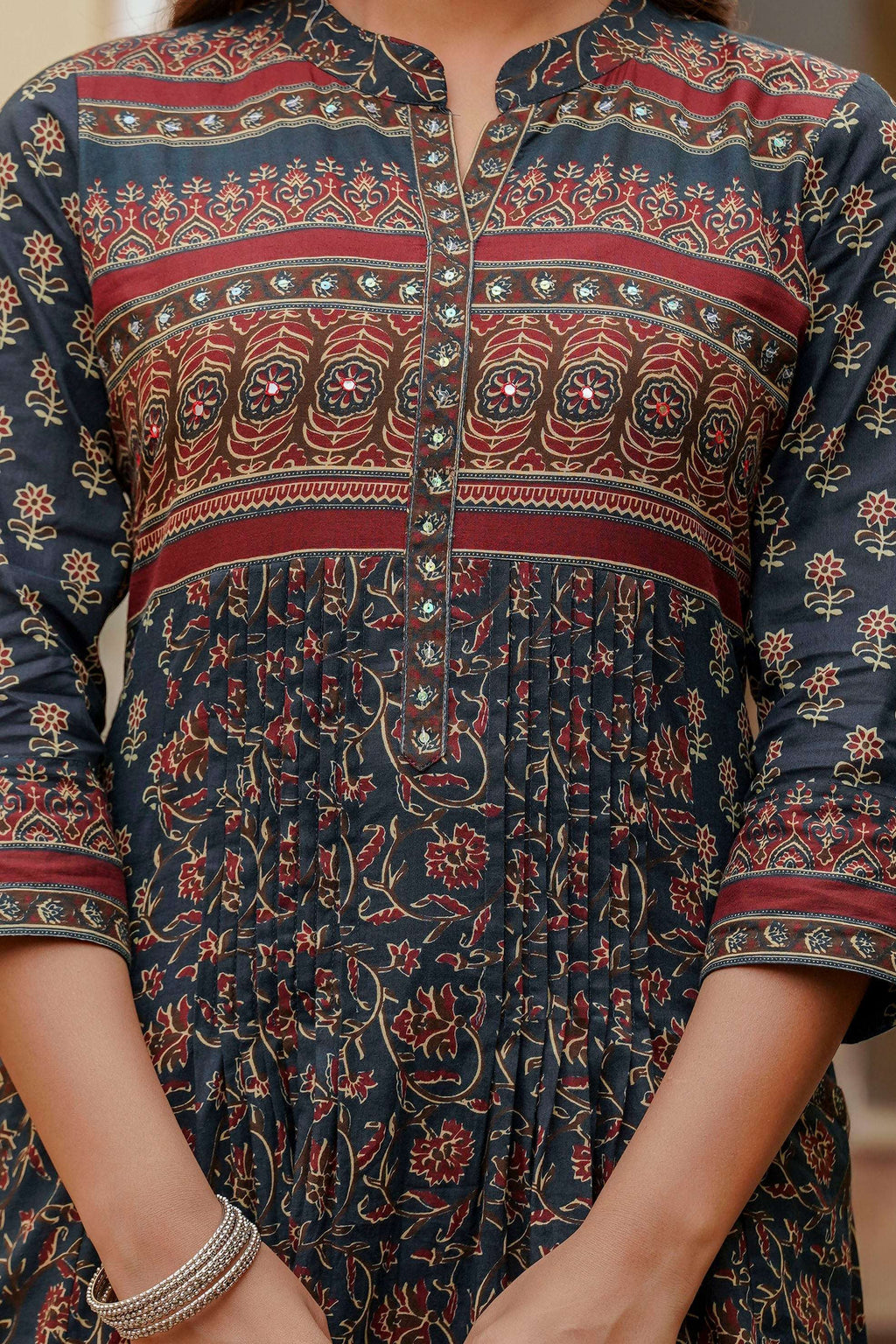 Ethnic Printed A-Line Kurta With Pant & Coordinated Dupatta, Navy Blue - Hiral Fashion | Grocsy