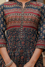 Ethnic Printed A-Line Kurta With Pant & Coordinated Dupatta, Navy Blue - Hiral Fashion | Grocsy