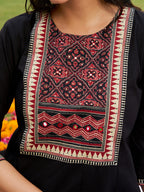Embroidered & Ethnic Printed Anarkali Kurta With Pant & Printed Dupatta, Black - Hiral Fashion | Grocsy