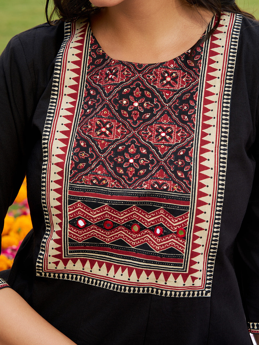 Embroidered & Ethnic Printed Anarkali Kurta With Pant & Printed Dupatta, Black - Hiral Fashion | Grocsy