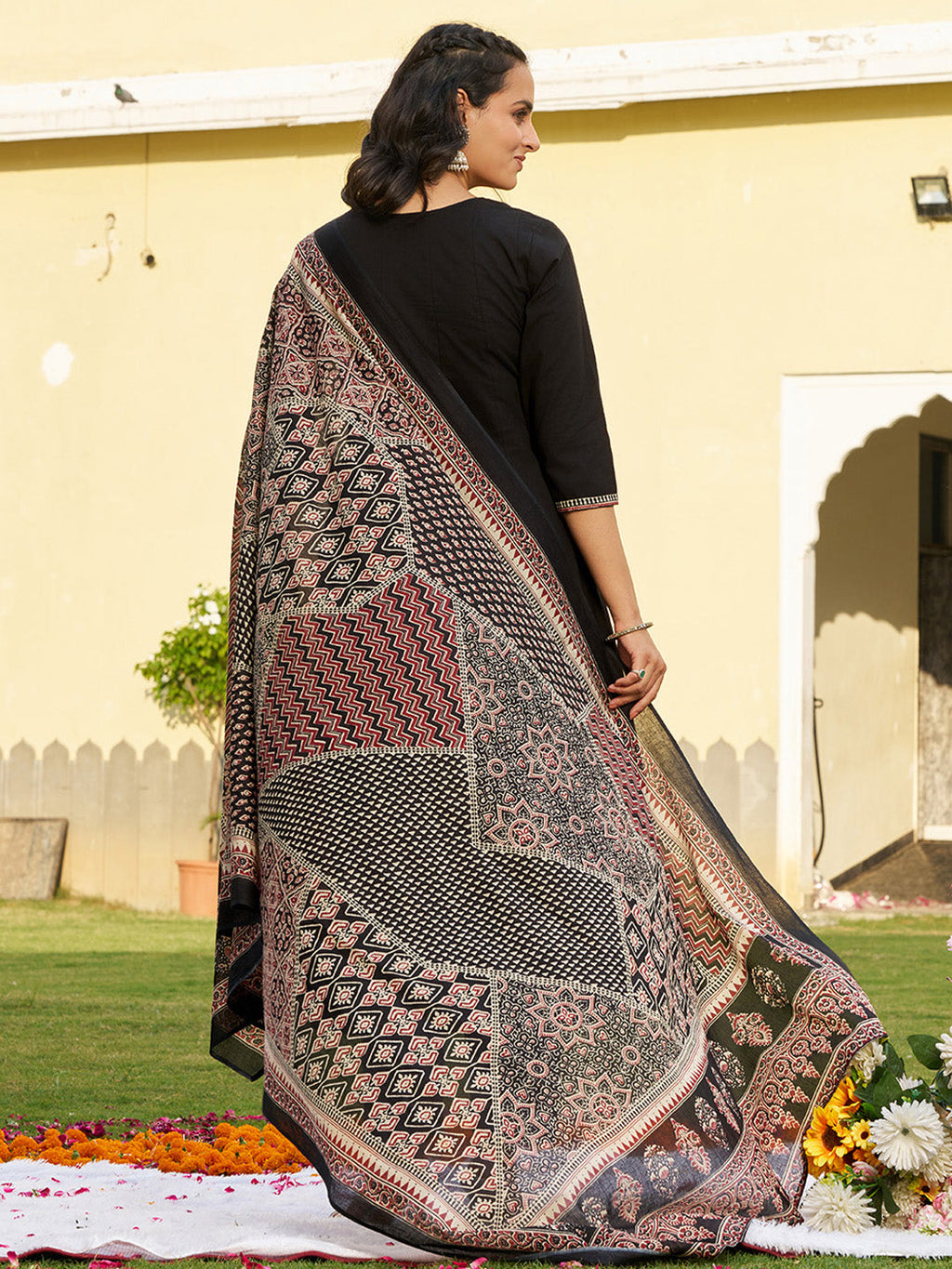 Embroidered & Ethnic Printed Anarkali Kurta With Pant & Printed Dupatta, Black - Hiral Fashion | Grocsy