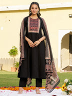 Embroidered & Ethnic Printed Anarkali Kurta With Pant & Printed Dupatta, Black - Hiral Fashion | Grocsy