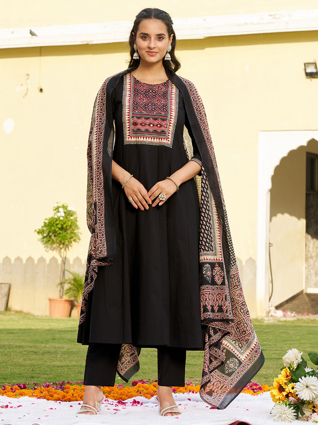 Embroidered & Ethnic Printed Anarkali Kurta With Pant & Printed Dupatta, Black - Hiral Fashion | Grocsy