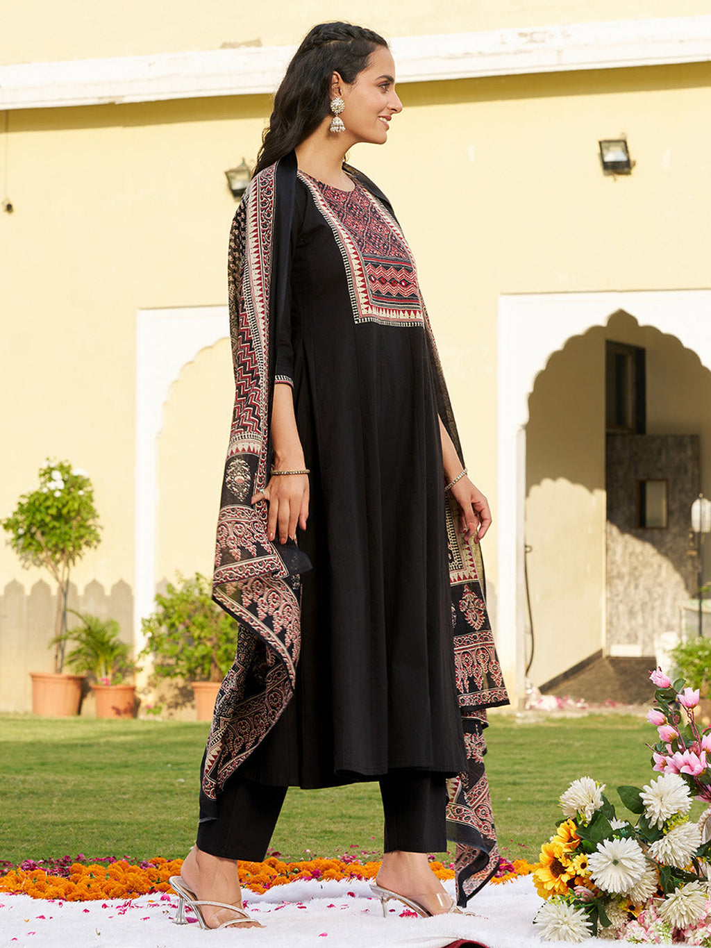 Embroidered & Ethnic Printed Anarkali Kurta With Pant & Printed Dupatta, Black - Hiral Fashion | Grocsy
