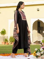 Embroidered & Ethnic Printed Anarkali Kurta With Pant & Printed Dupatta, Black - Hiral Fashion | Grocsy