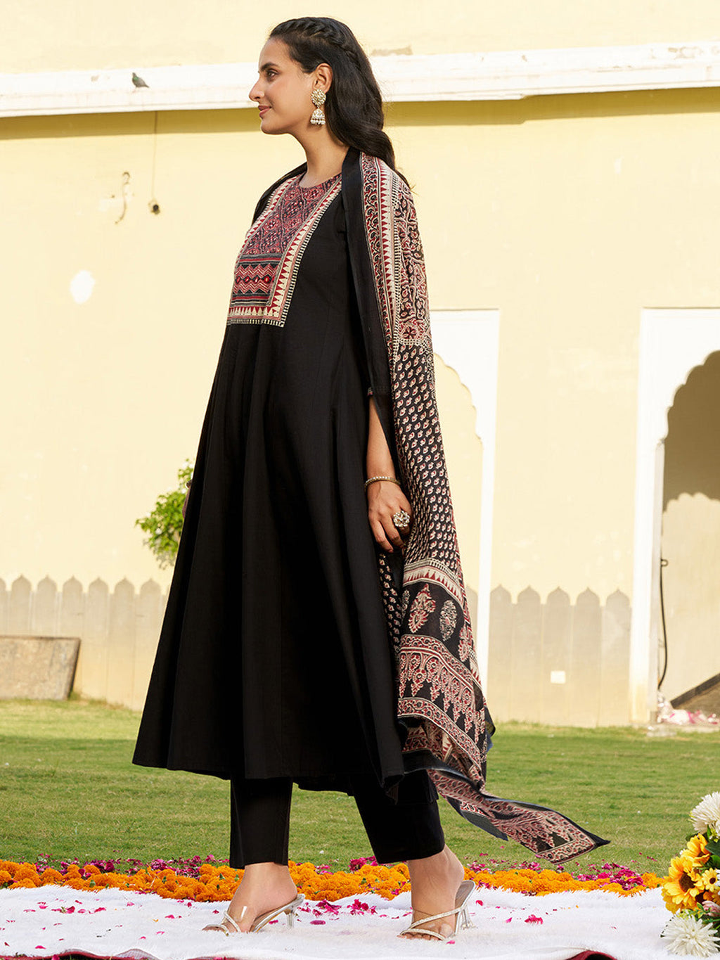 Embroidered & Ethnic Printed Anarkali Kurta With Pant & Printed Dupatta, Black - Hiral Fashion | Grocsy