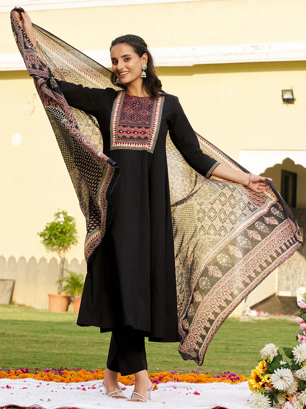 Embroidered & Ethnic Printed Anarkali Kurta With Pant & Printed Dupatta, Black - Hiral Fashion | Grocsy