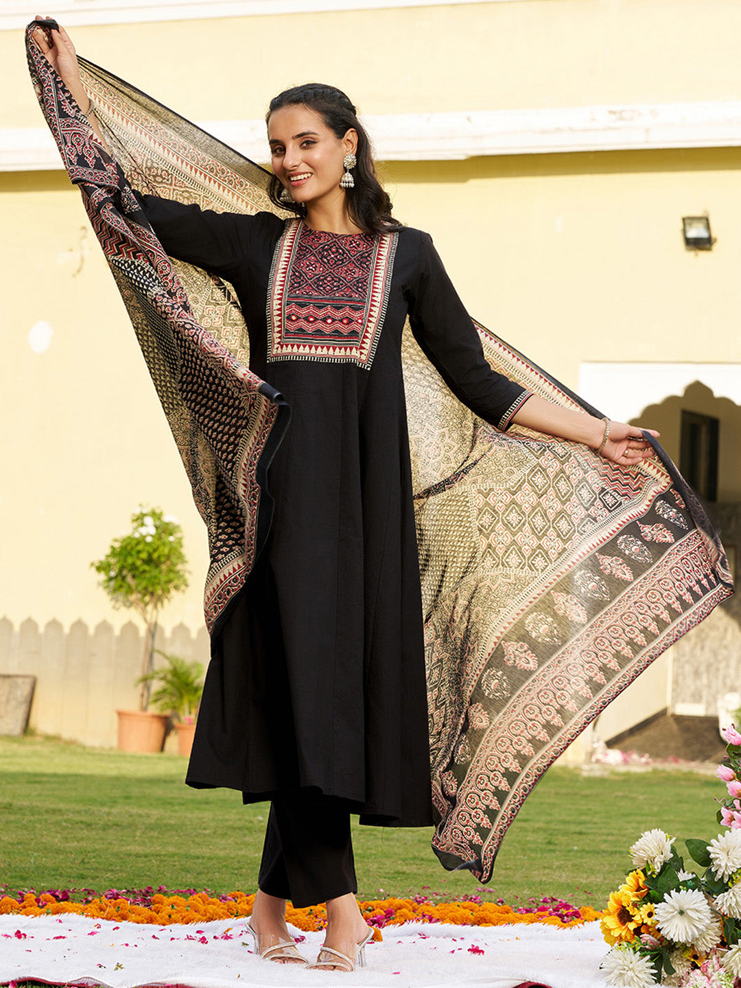Embroidered & Ethnic Printed Anarkali Kurta With Pant & Printed Dupatta, Black - Hiral Fashion | Grocsy