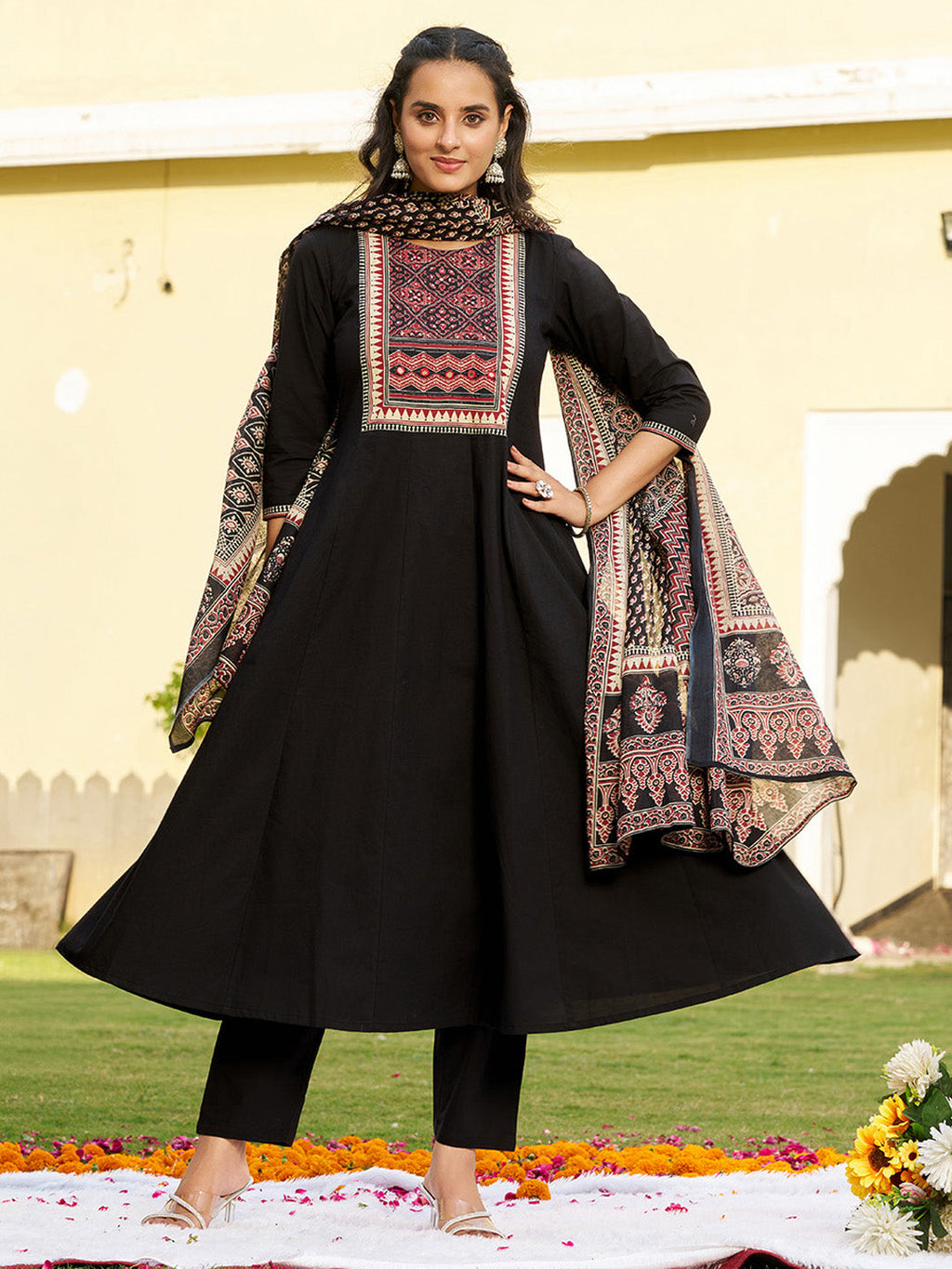 Embroidered & Ethnic Printed Anarkali Kurta With Pant & Printed Dupatta, Black - Hiral Fashion | Grocsy