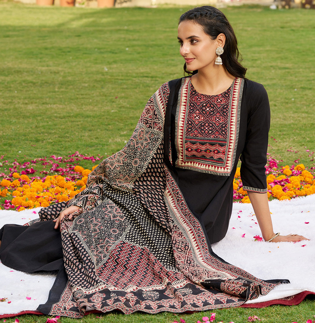 Embroidered & Ethnic Printed Anarkali Kurta With Pant & Printed Dupatta, Black - Hiral Fashion | Grocsy