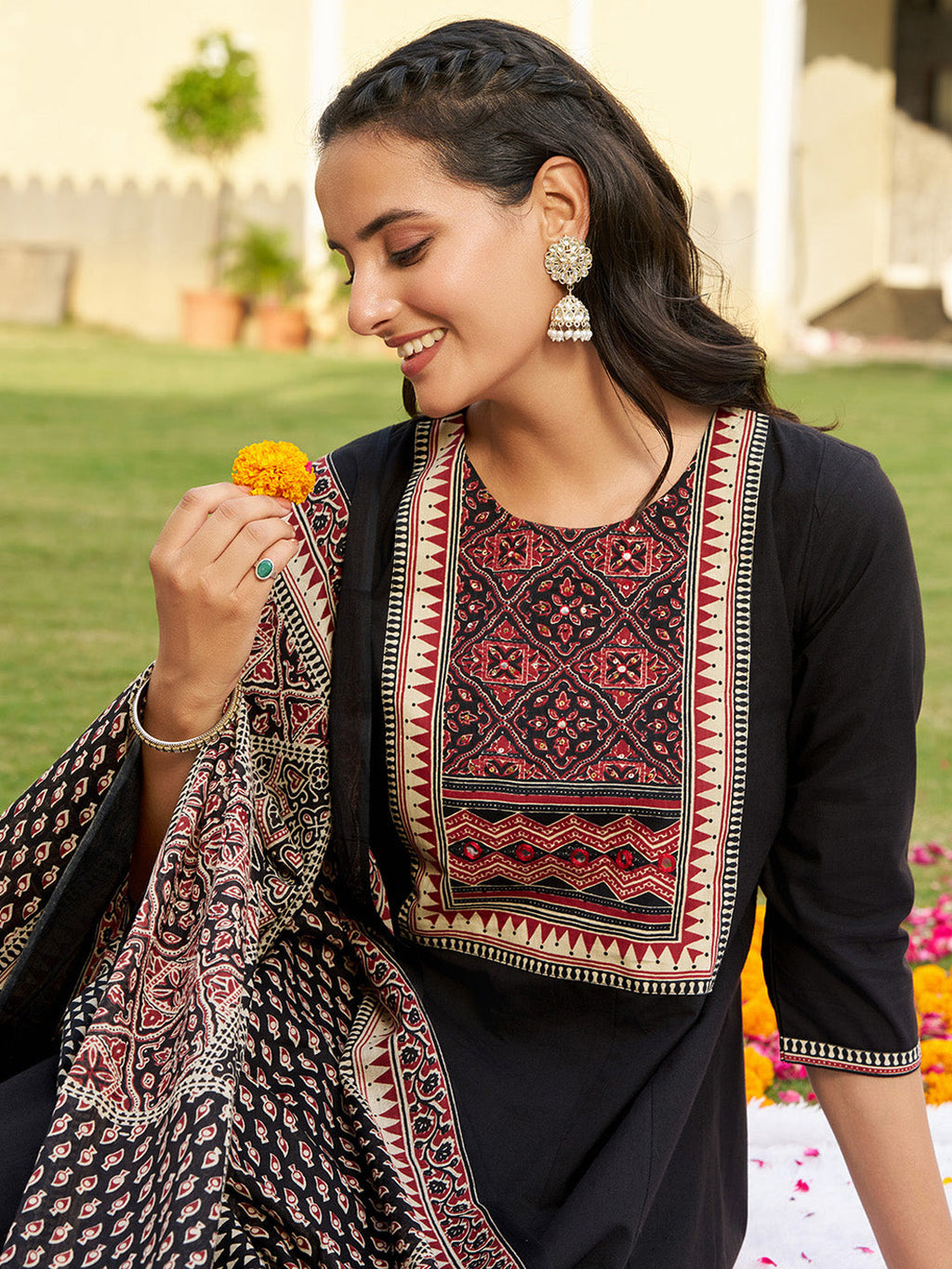 Embroidered & Ethnic Printed Anarkali Kurta With Pant & Printed Dupatta, Black - Hiral Fashion | Grocsy