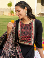 Embroidered & Ethnic Printed Anarkali Kurta With Pant & Printed Dupatta, Black - Hiral Fashion | Grocsy