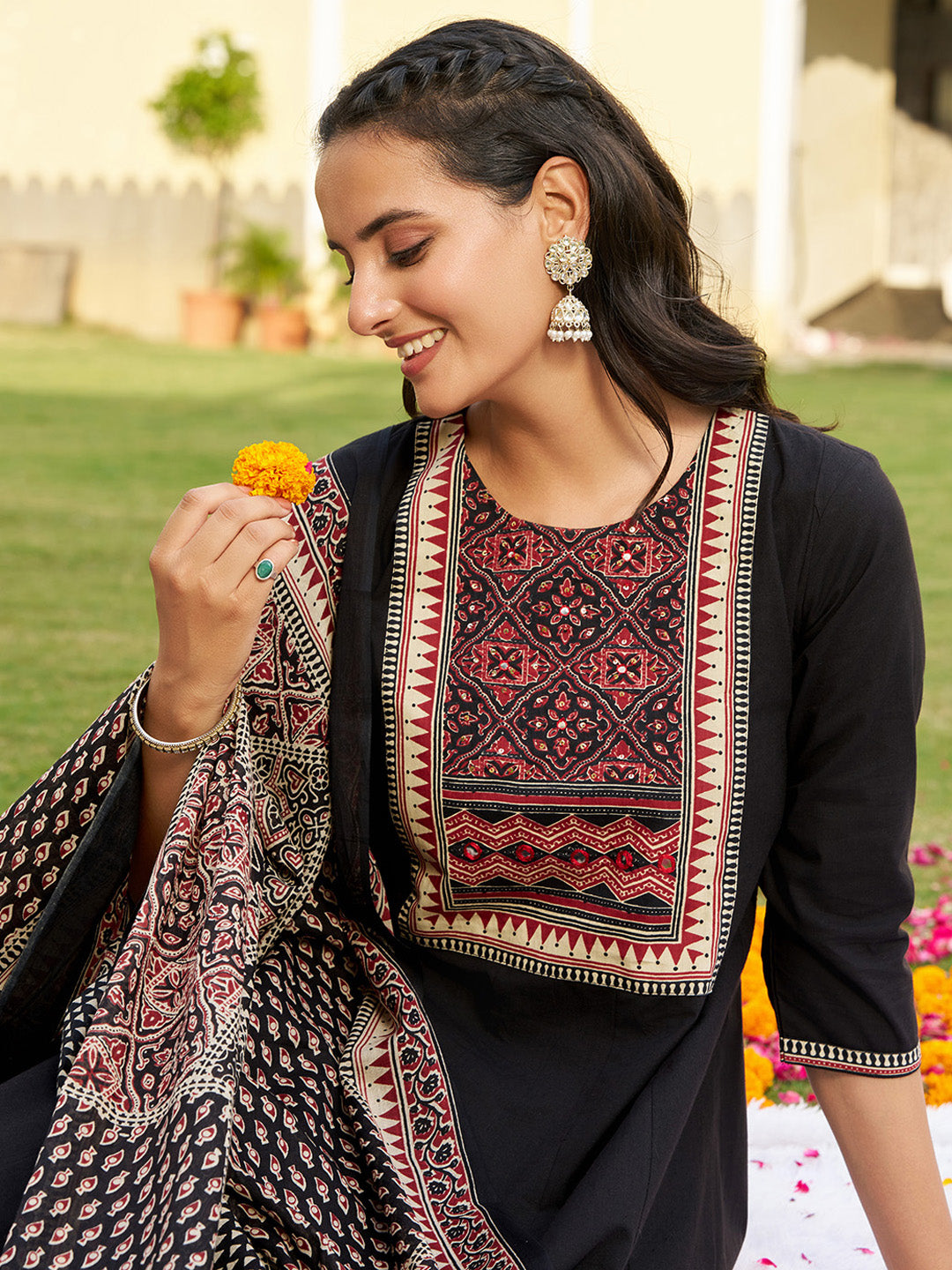 Embroidered & Ethnic Printed Anarkali Kurta With Pant & Printed Dupatta, Black - Hiral Fashion | Grocsy