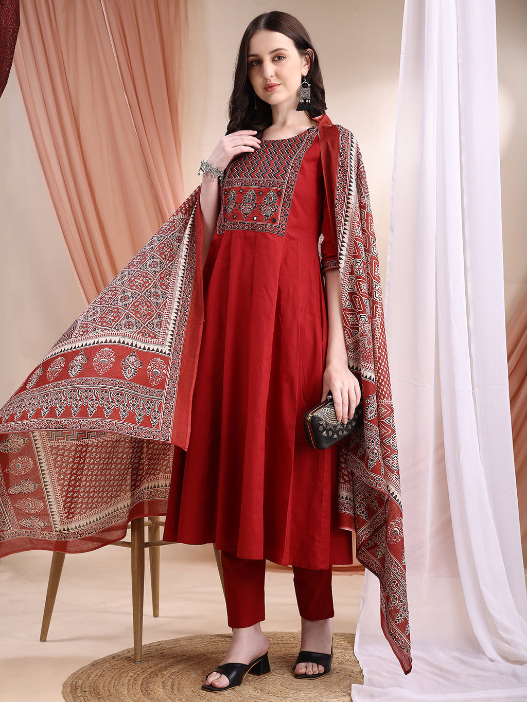 Embroidered & Ethnic Printed Anarkali Kurta With Pant & Printed Dupatta, Maroon - Hiral Fashion | Grocsy