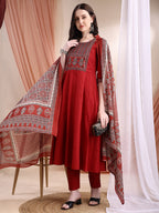 Embroidered & Ethnic Printed Anarkali Kurta With Pant & Printed Dupatta, Maroon - Hiral Fashion | Grocsy