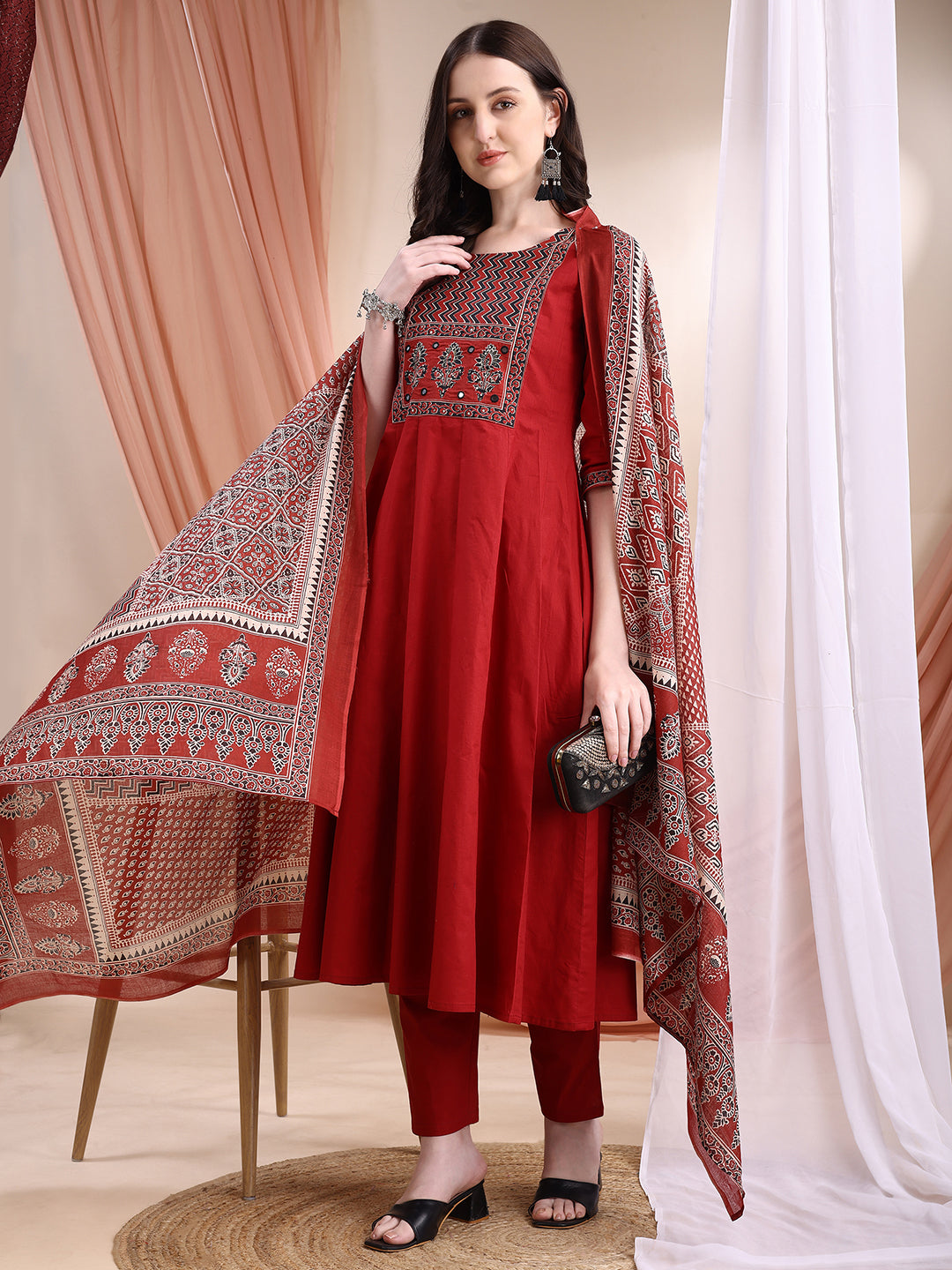 Embroidered & Ethnic Printed Anarkali Kurta With Pant & Printed Dupatta, Maroon - Hiral Fashion | Grocsy