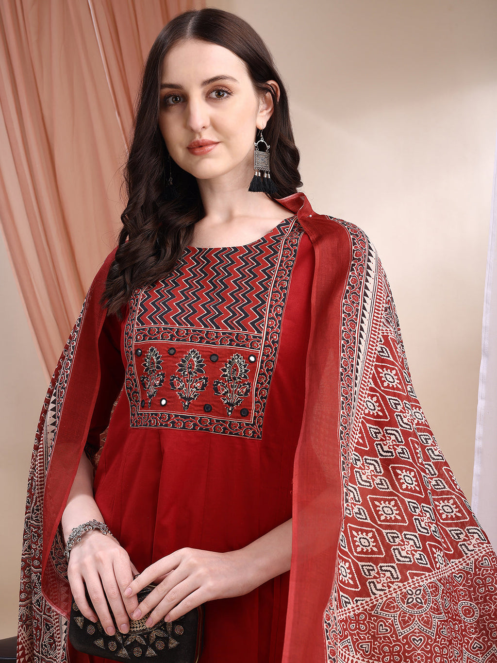 Embroidered & Ethnic Printed Anarkali Kurta With Pant & Printed Dupatta, Maroon - Hiral Fashion | Grocsy