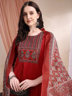 Embroidered & Ethnic Printed Anarkali Kurta With Pant & Printed Dupatta, Maroon - Hiral Fashion | Grocsy