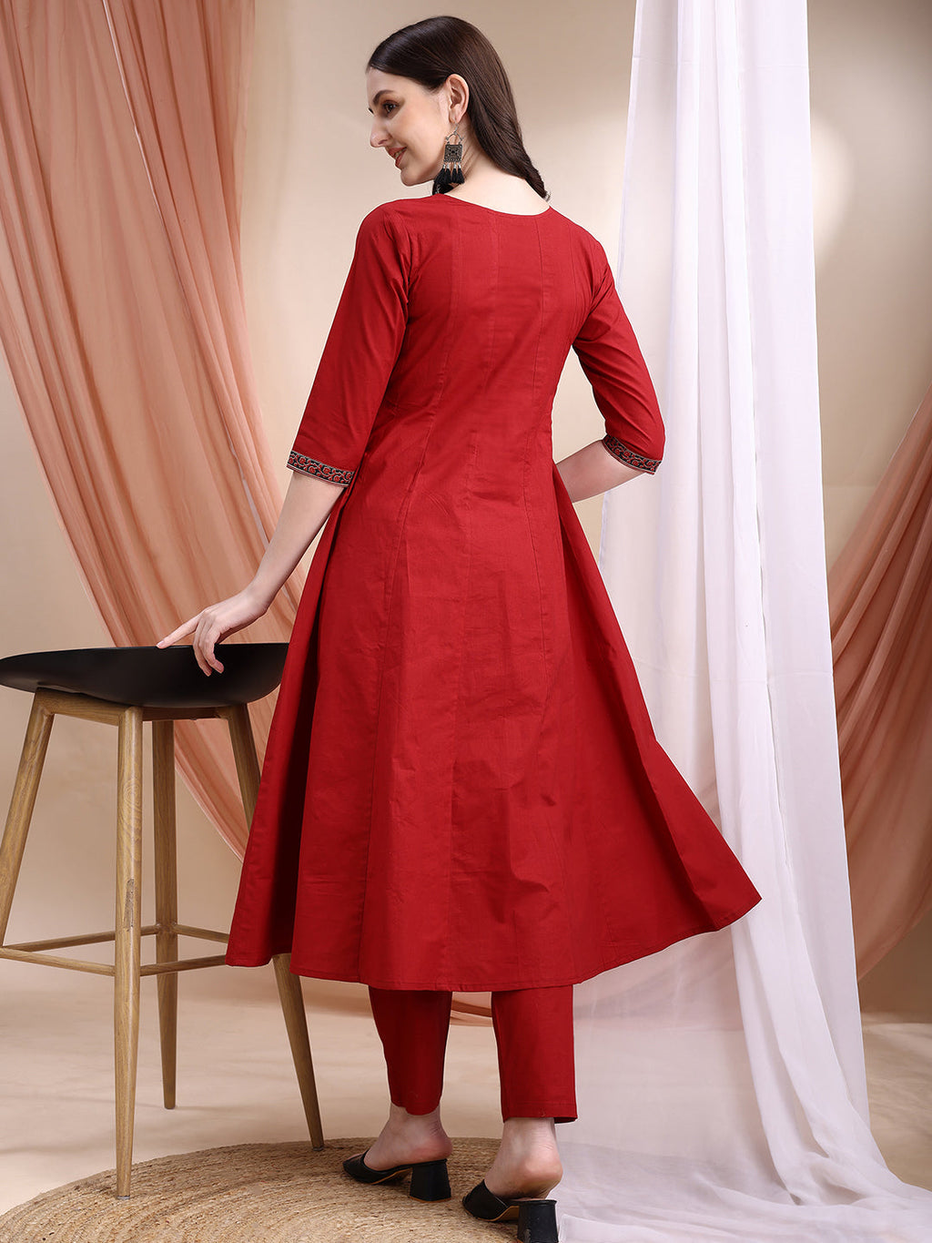 Embroidered & Ethnic Printed Anarkali Kurta With Pant & Printed Dupatta, Maroon - Hiral Fashion | Grocsy
