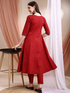 Embroidered & Ethnic Printed Anarkali Kurta With Pant & Printed Dupatta, Maroon - Hiral Fashion | Grocsy