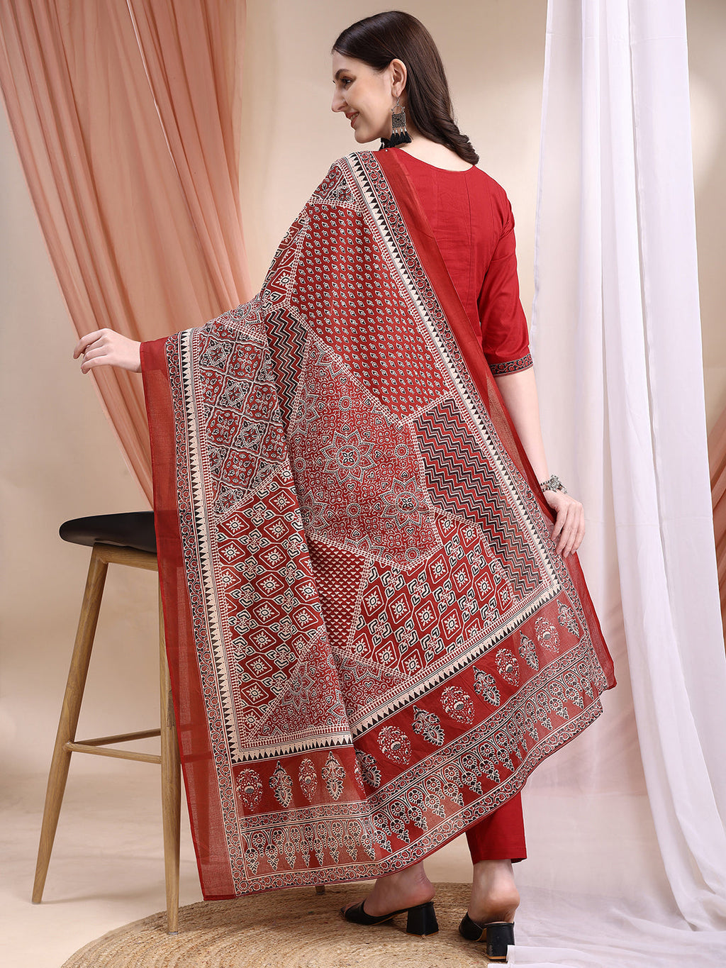 Embroidered & Ethnic Printed Anarkali Kurta With Pant & Printed Dupatta, Maroon - Hiral Fashion | Grocsy