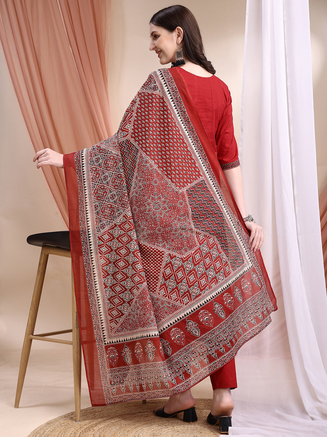 Embroidered & Ethnic Printed Anarkali Kurta With Pant & Printed Dupatta, Maroon - Hiral Fashion | Grocsy