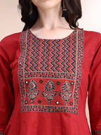 Embroidered & Ethnic Printed Anarkali Kurta With Pant & Printed Dupatta, Maroon - Hiral Fashion | Grocsy