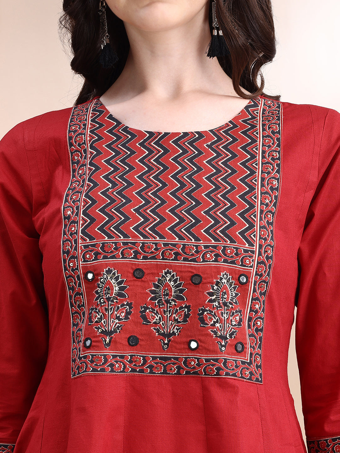 Embroidered & Ethnic Printed Anarkali Kurta With Pant & Printed Dupatta, Maroon - Hiral Fashion | Grocsy