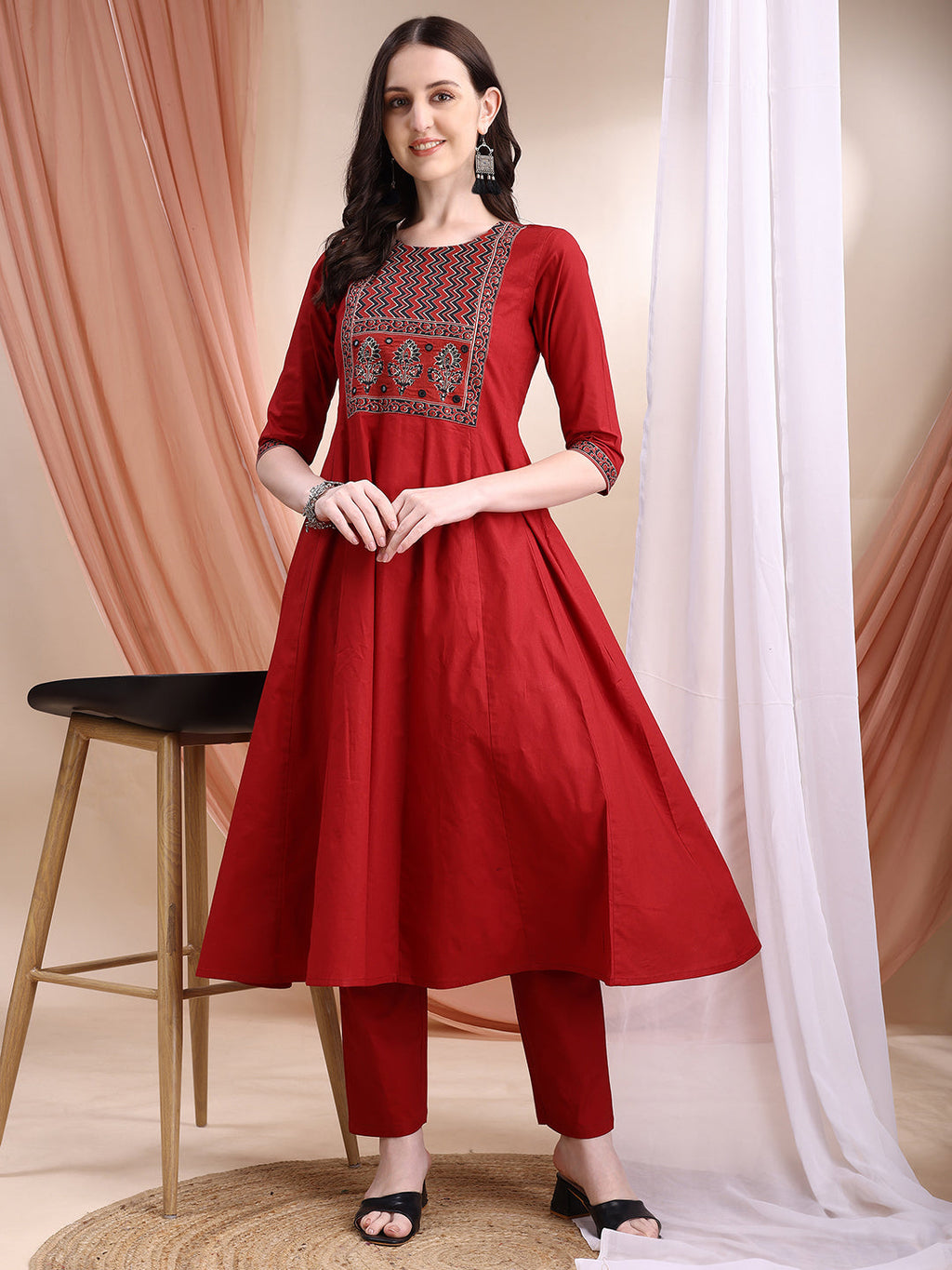 Embroidered & Ethnic Printed Anarkali Kurta With Pant & Printed Dupatta, Maroon - Hiral Fashion | Grocsy