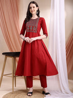 Embroidered & Ethnic Printed Anarkali Kurta With Pant & Printed Dupatta, Maroon - Hiral Fashion | Grocsy