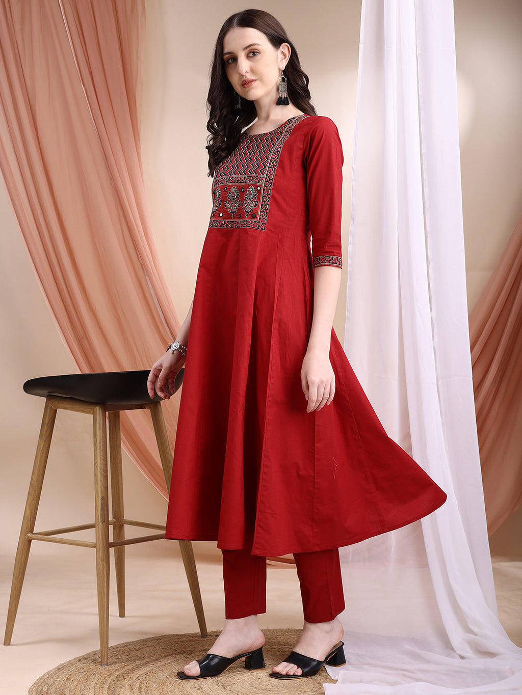 Embroidered & Ethnic Printed Anarkali Kurta With Pant & Printed Dupatta, Maroon - Hiral Fashion | Grocsy