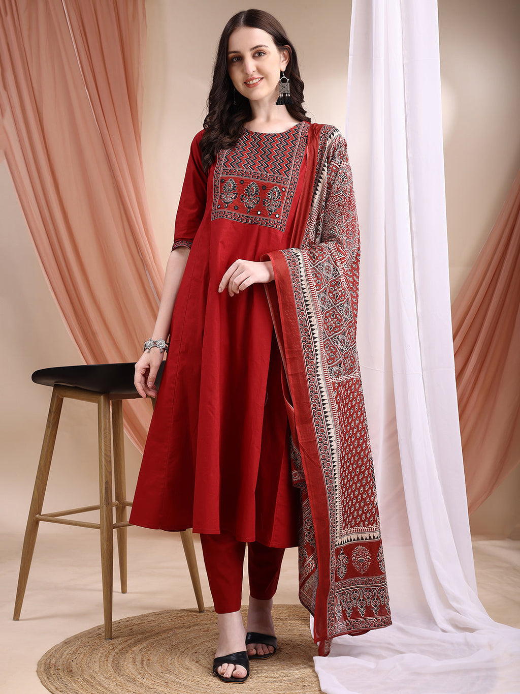 Embroidered & Ethnic Printed Anarkali Kurta With Pant & Printed Dupatta, Maroon - Hiral Fashion | Grocsy